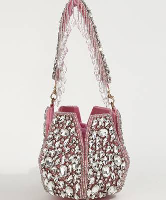 Pink suede potli bag with handle 2
