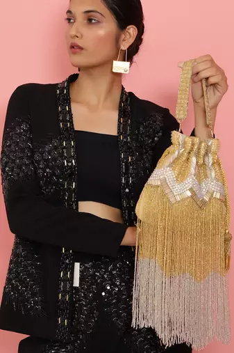 Gold suede potli bag with handle