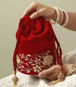 Red suede zardozi embroidered potli