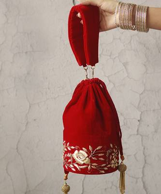 Red suede zardozi embroidered potli 2