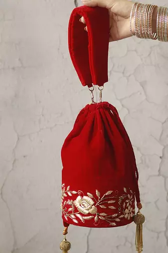 Red suede zardozi embroidered potli