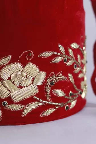Red suede zardozi embroidered potli