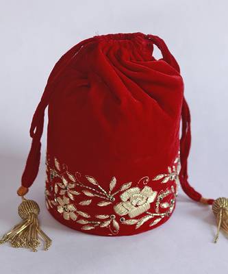 Red suede zardozi embroidered potli 5
