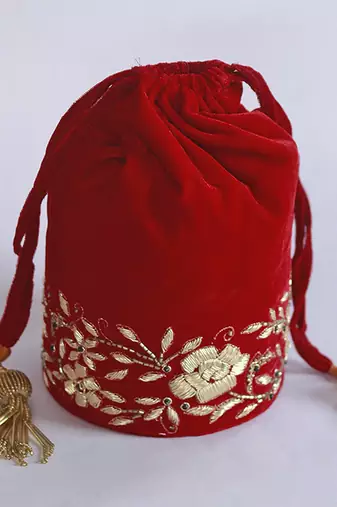 Red suede zardozi embroidered potli