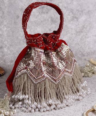 Red suede potli bag with handle 2