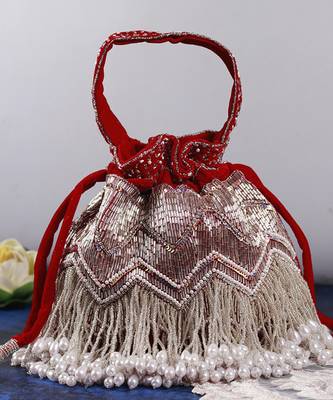Red suede potli bag with handle 4