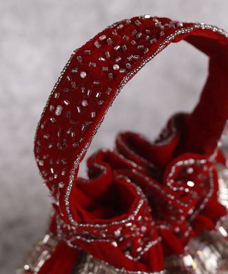 Red suede potli bag with handle 5