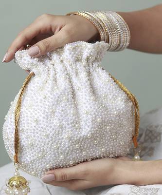 White silk potli bag with handle 1
