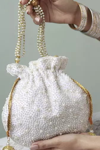 White silk potli bag with handle