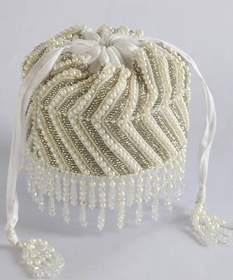 White suede embroidered mini potli with glass bead hangings 2