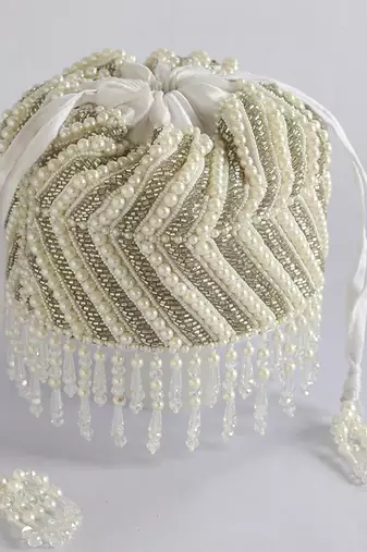White suede embroidered mini potli with glass bead hangings