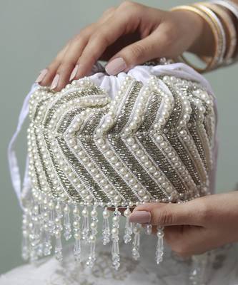 White suede embroidered mini potli with glass bead hangings 4