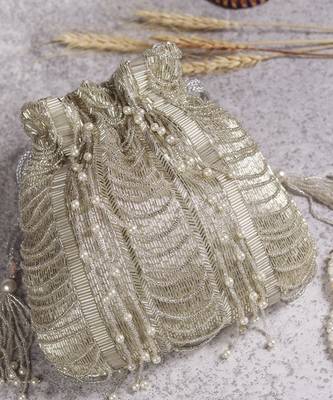Silver suede potli bag with handle 1