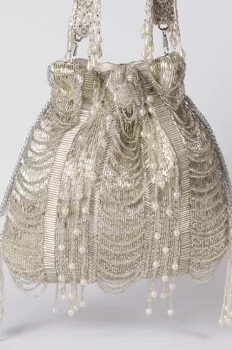 Silver suede potli bag with handle