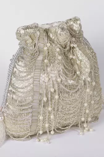 Silver suede potli bag with handle