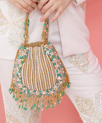 Multicolor suede potli bag with handle 3