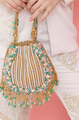 Multicolor suede potli bag with handle