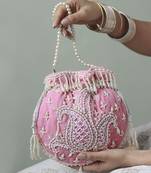 Pink suede hand embroidered potli with pearl handle