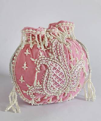 Pink suede hand embroidered potli with pearl handle 3