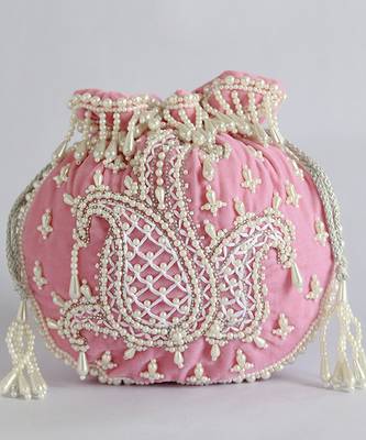 Pink suede hand embroidered potli with pearl handle 5