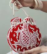 Red suede hand embroidered potli with pearl handle