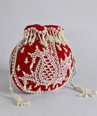 Red suede hand embroidered potli with pearl handle 2