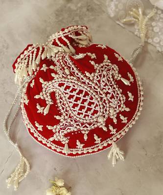 Red suede hand embroidered potli with pearl handle 3
