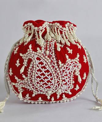 Red suede hand embroidered potli with pearl handle 5