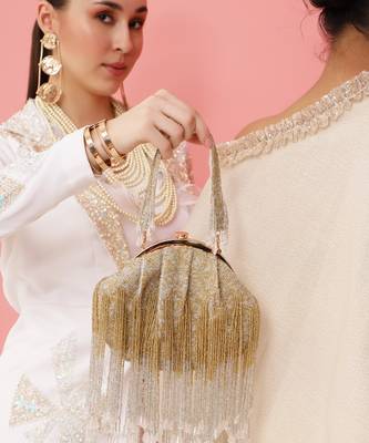 Gold suede clutch with detachable chain 3