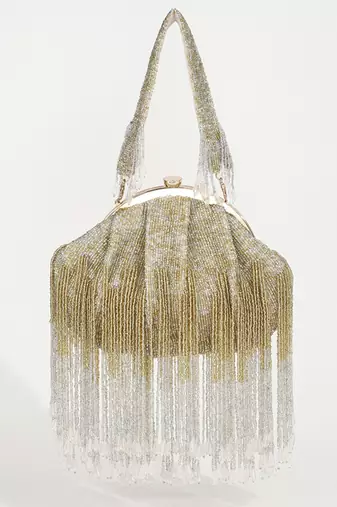 Gold suede clutch with detachable chain