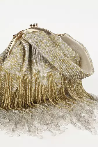 Gold suede clutch with detachable chain