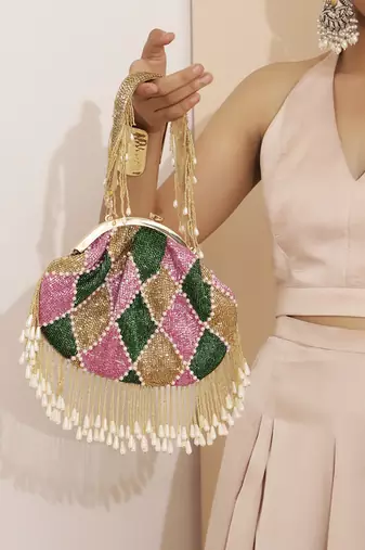 Multicolor suede embellished clutch