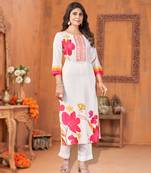 White muslin floral printed embroidered straight kurta with pant
