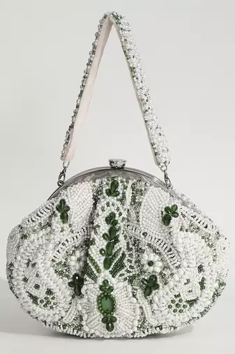 White suede hand embroidered clutch