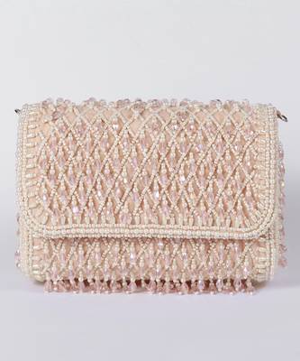 Pink suede clutch bag with a detachable pearl handle 2