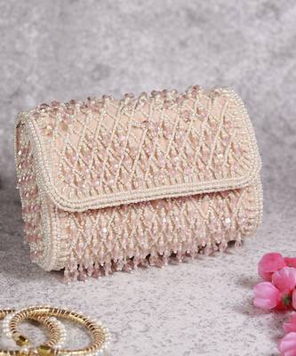 Pink suede clutch bag with a detachable pearl handle 5
