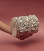 Beige suede embellished clutch bag