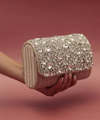 Beige suede embellished clutch bag 2