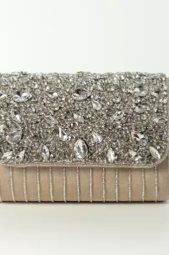 Beige suede embellished clutch bag