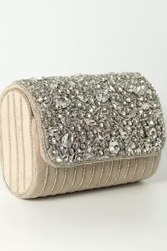 Beige suede embellished clutch bag