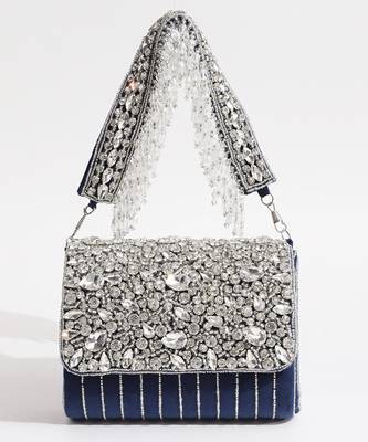 Blue suede embellished flap over clutch bag 1