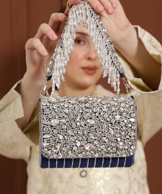 Blue suede embellished flap over clutch bag 5