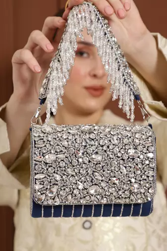 Blue suede embellished flap over clutch bag