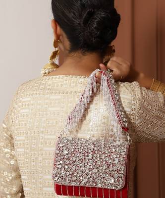 Red suede embellished clutch bag 4