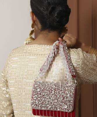 Red suede embellished clutch bag 5
