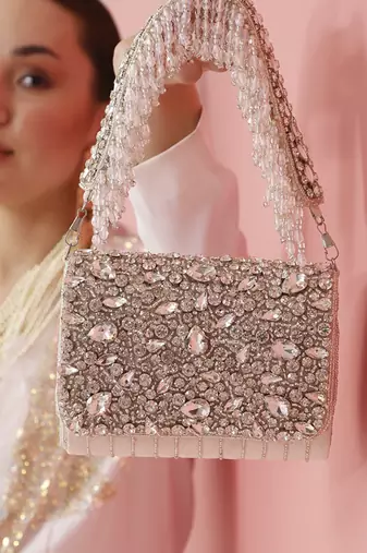White suede embellished clutch bag
