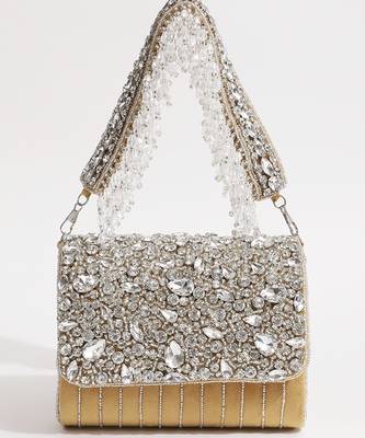 Gold suede embellished clutch bag 1