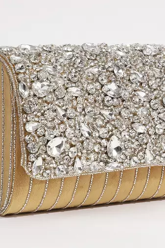 Gold suede embellished clutch bag
