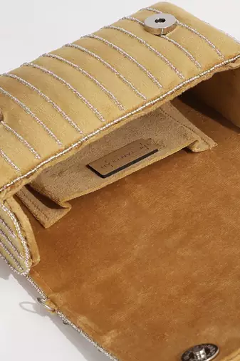 Gold suede embellished clutch bag