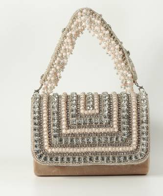 Beige suede embellished flap over clutch bag 1